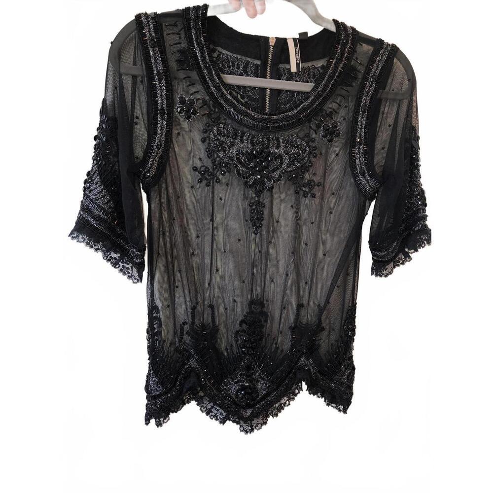 Stunning Bold Gothcore Elegant Black Heavy Beaded‎ Mesh Top by Topshop